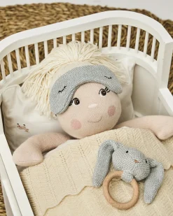 Dukketøj, sparkedragt med sovebriller og kaninrangle