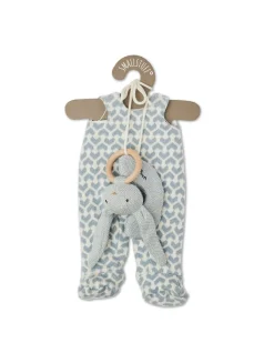 Dukketøj, sparkedragt med sovebriller og kaninrangle