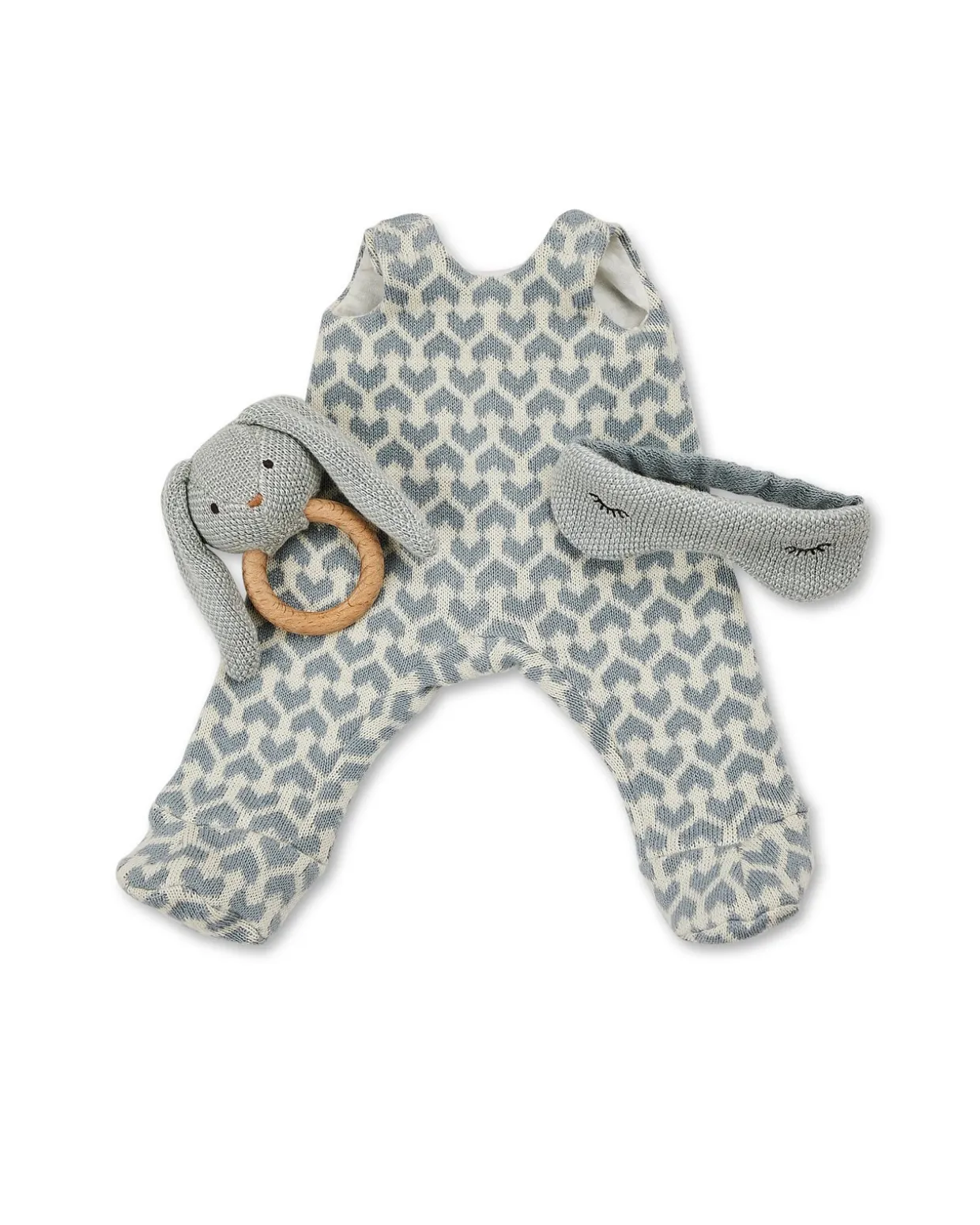 Dukketøj, sparkedragt med sovebriller og kaninrangle